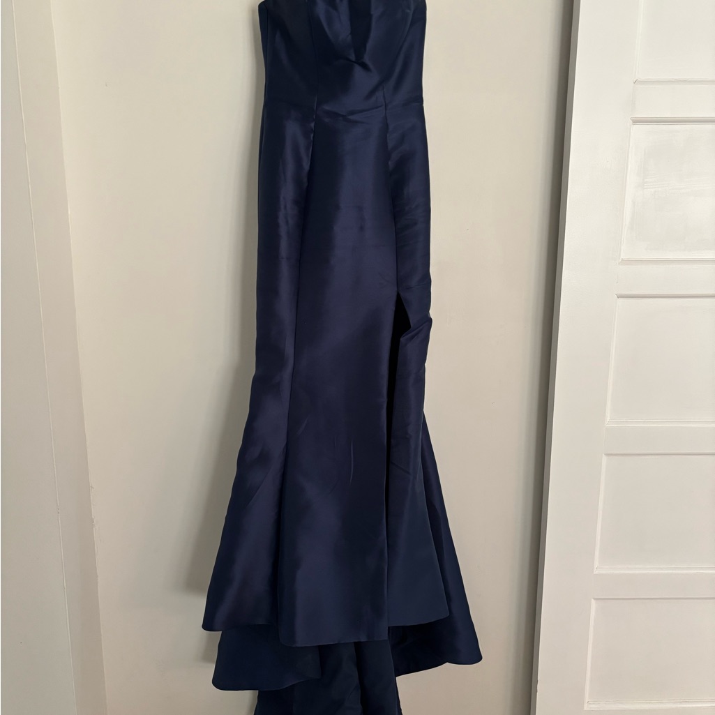Sherri Hill Navy Blue Strapless Satin Prom Dress